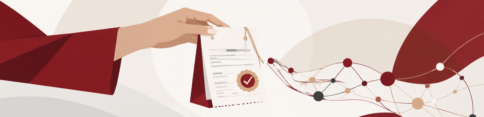 Illustration: a hand holding out a signed and sealed receipt, with a network of connected nodes behind it.